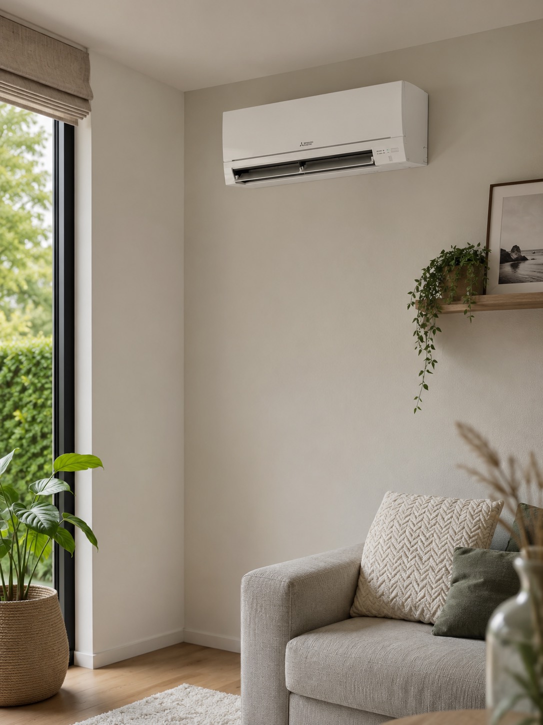 Airco binnenunit geplaatst in een woonkamer