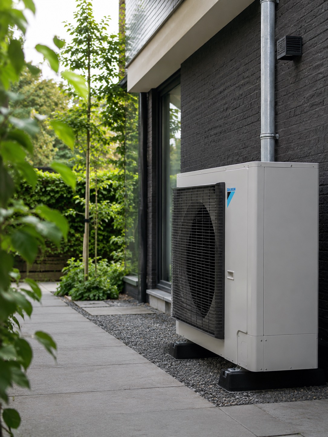 Warmtepomp buitenunit geplaatst naast een moderne woning