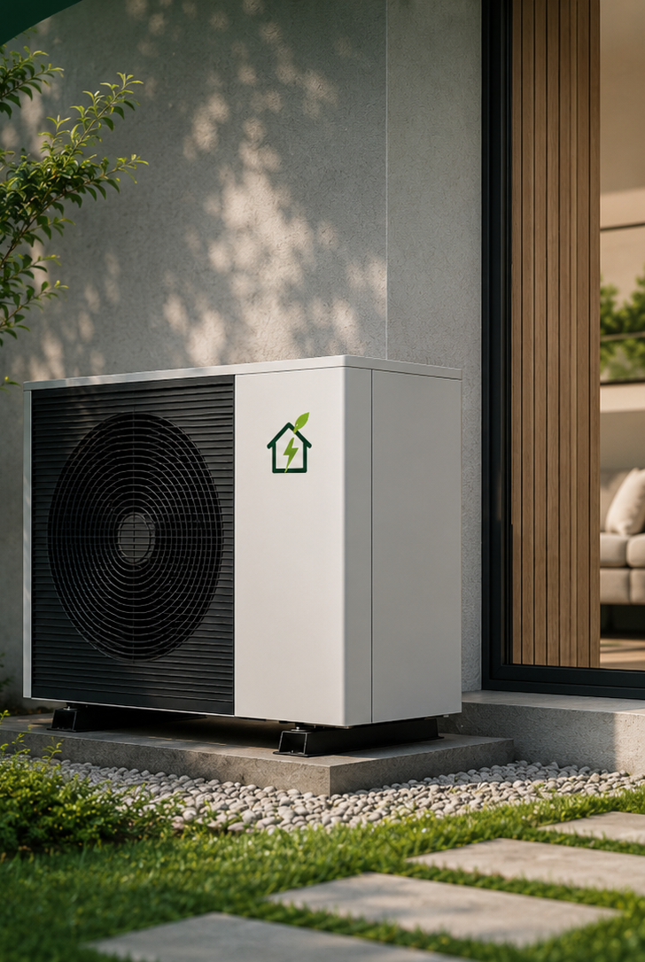Climature warmtepomp buiten geïnstalleerd tegen een moderne woning
